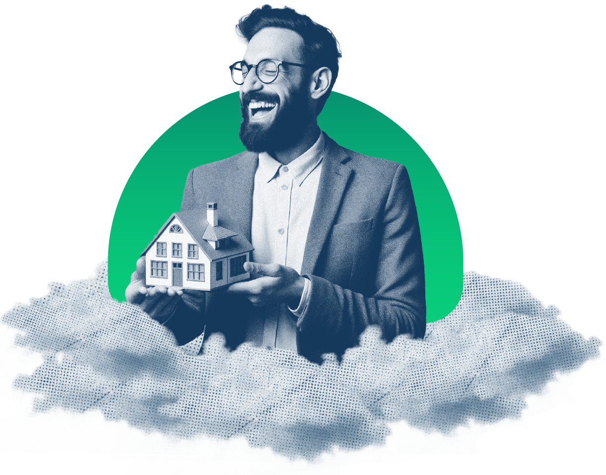 Happy man holding a small residential home, floating on clouds