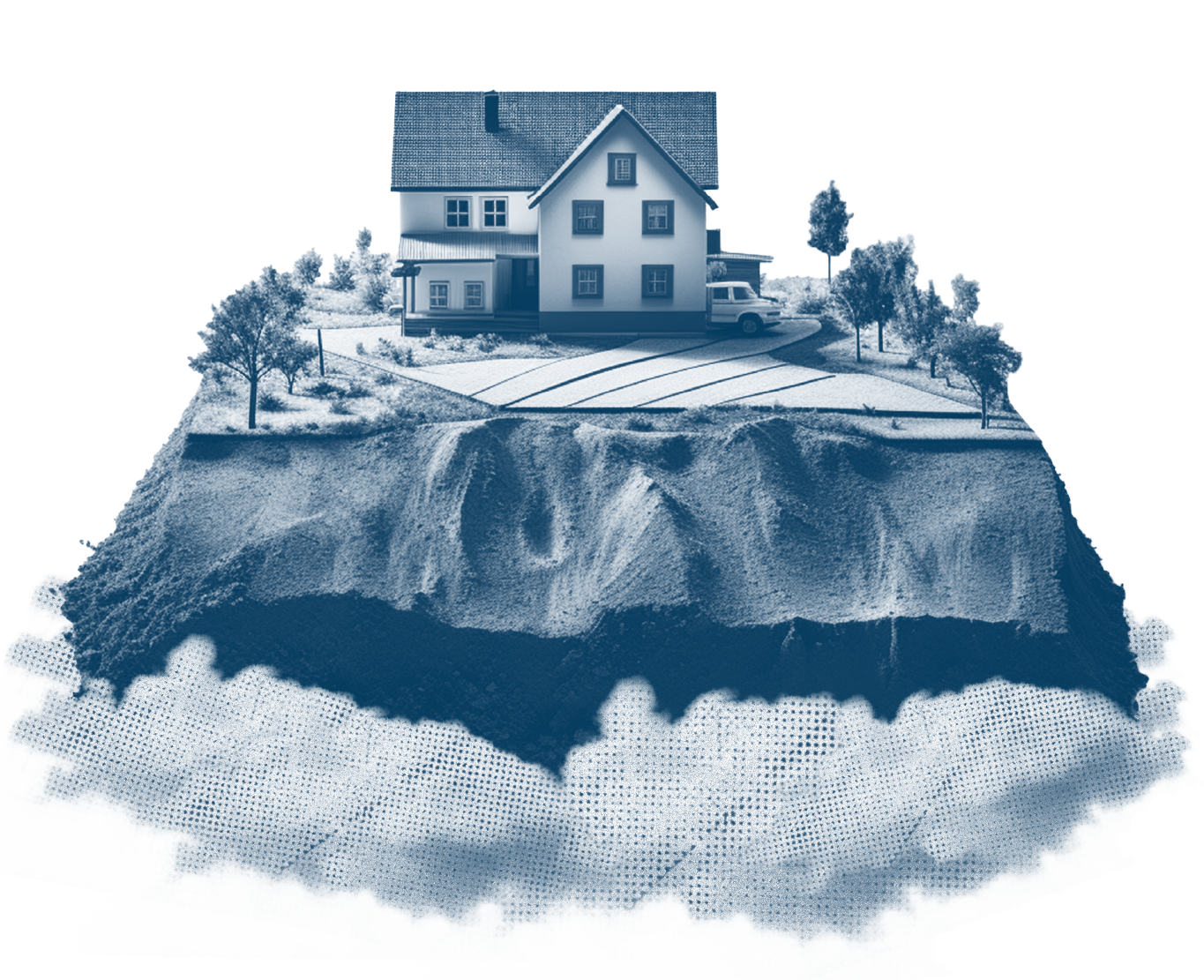Rural residential home floating on clouds
