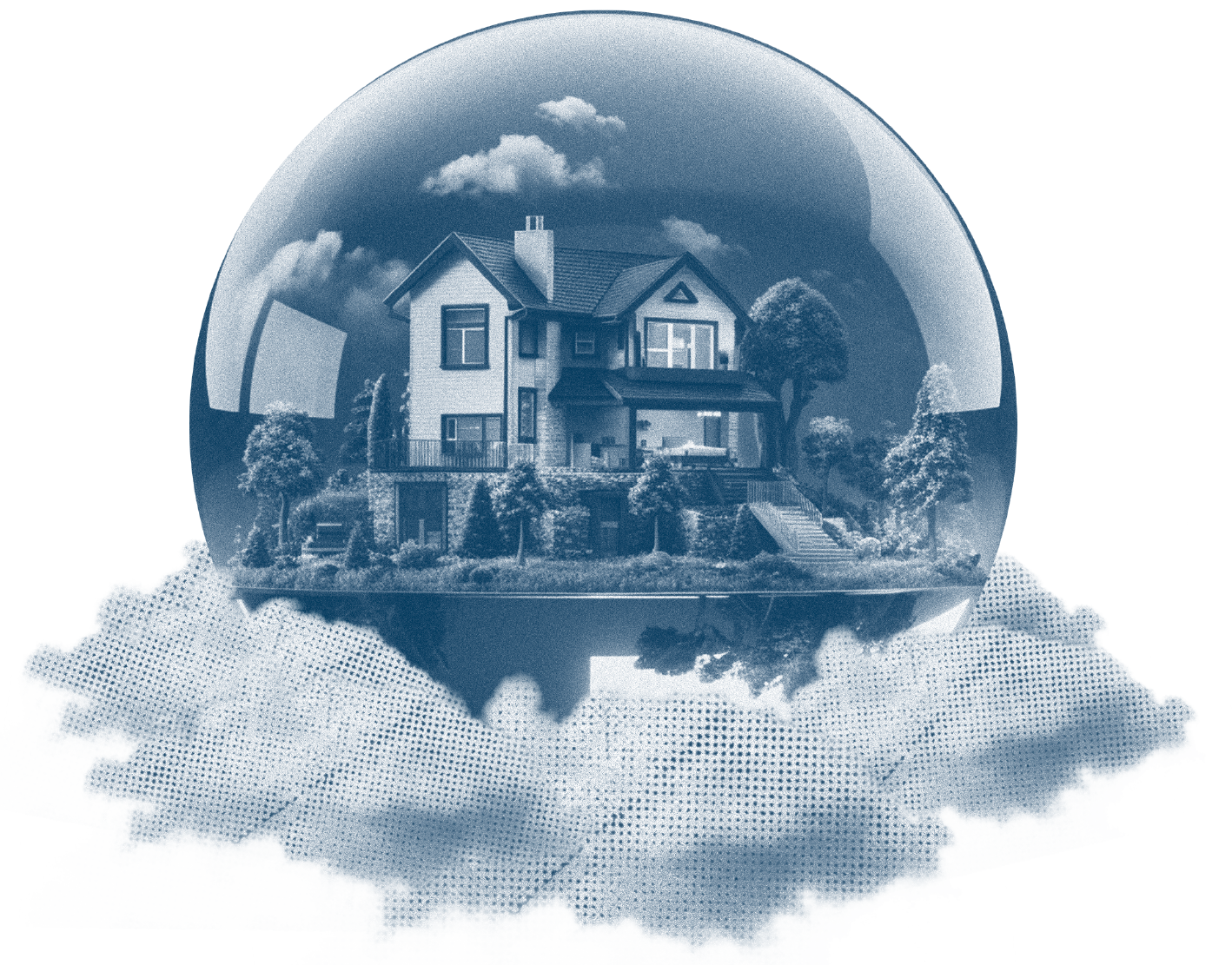 Residential home wrapped around globe, floating in clouds